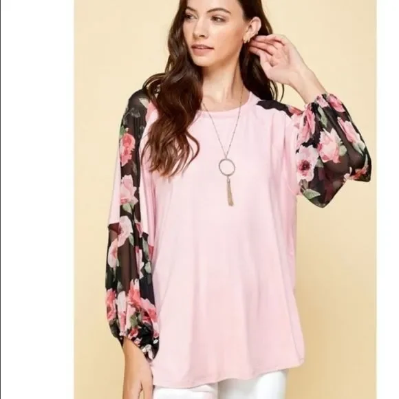 Pink Top With Floral Chiffon Sleeves - Picture 3 of 4